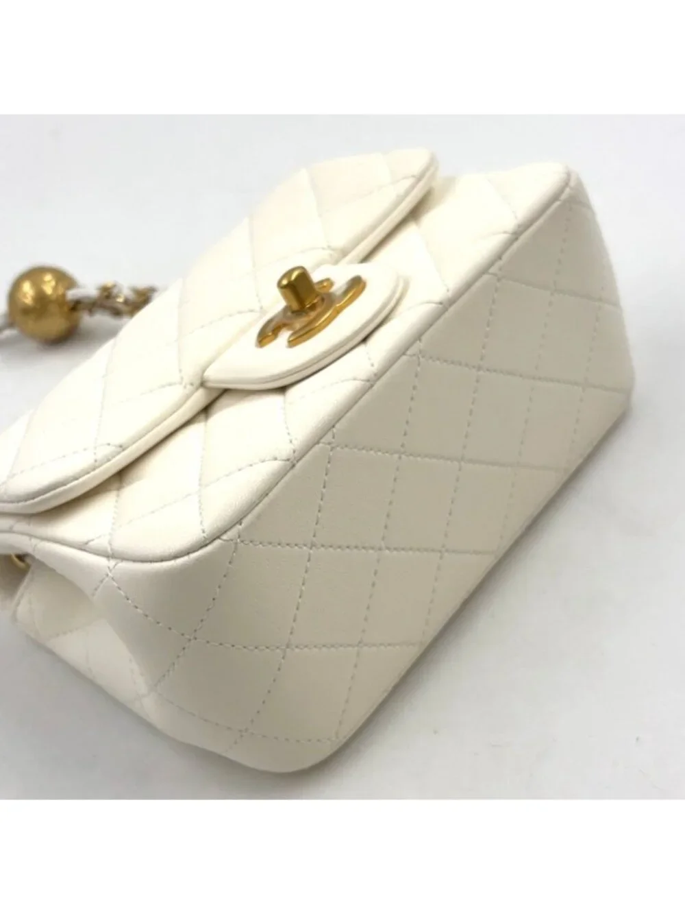 Chanel Coco Ball Mini Quilted Random Lambskin White Shoulder Bag Gold